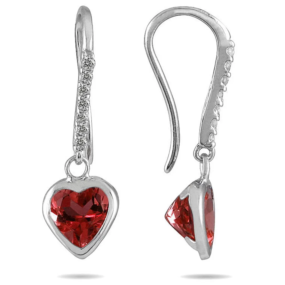 1 7/8 Carat Bezel Set Heart Shaped Garnet And Diamond Earrings In 14K