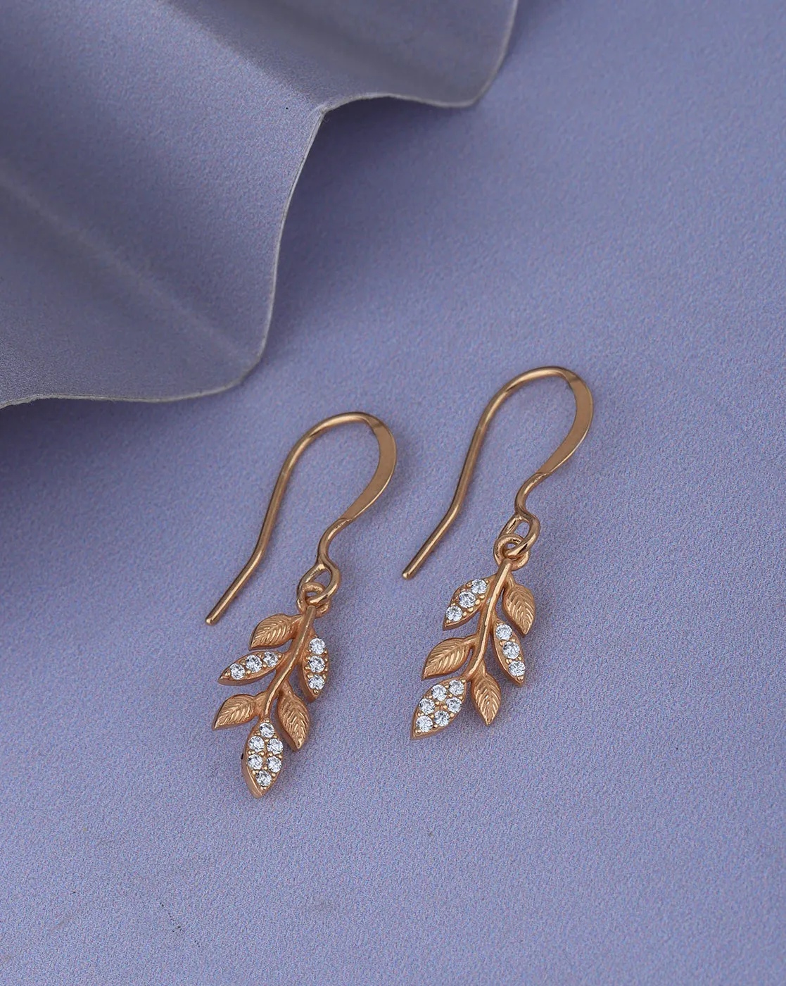 18kt Rose Gold Plated with CZ Leaf Fancy Drop Earring for Women