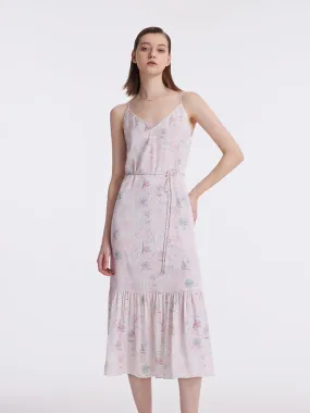 19 Momme Mulberry Silk Map Printed Women Midi Dress With Belt