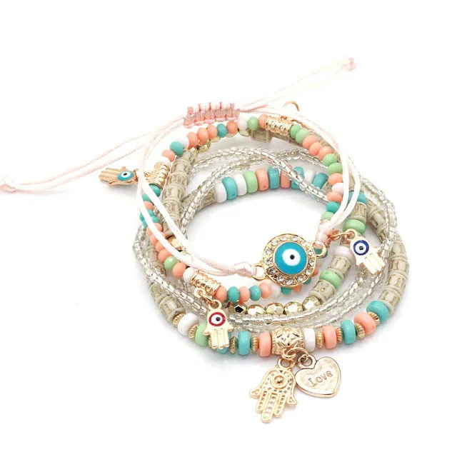 2017 New 6 pcs/set Bohemian Charm Bracelet Hamsa Hand Evil Eye Bracelets For Women Jewelry Boho Bangles