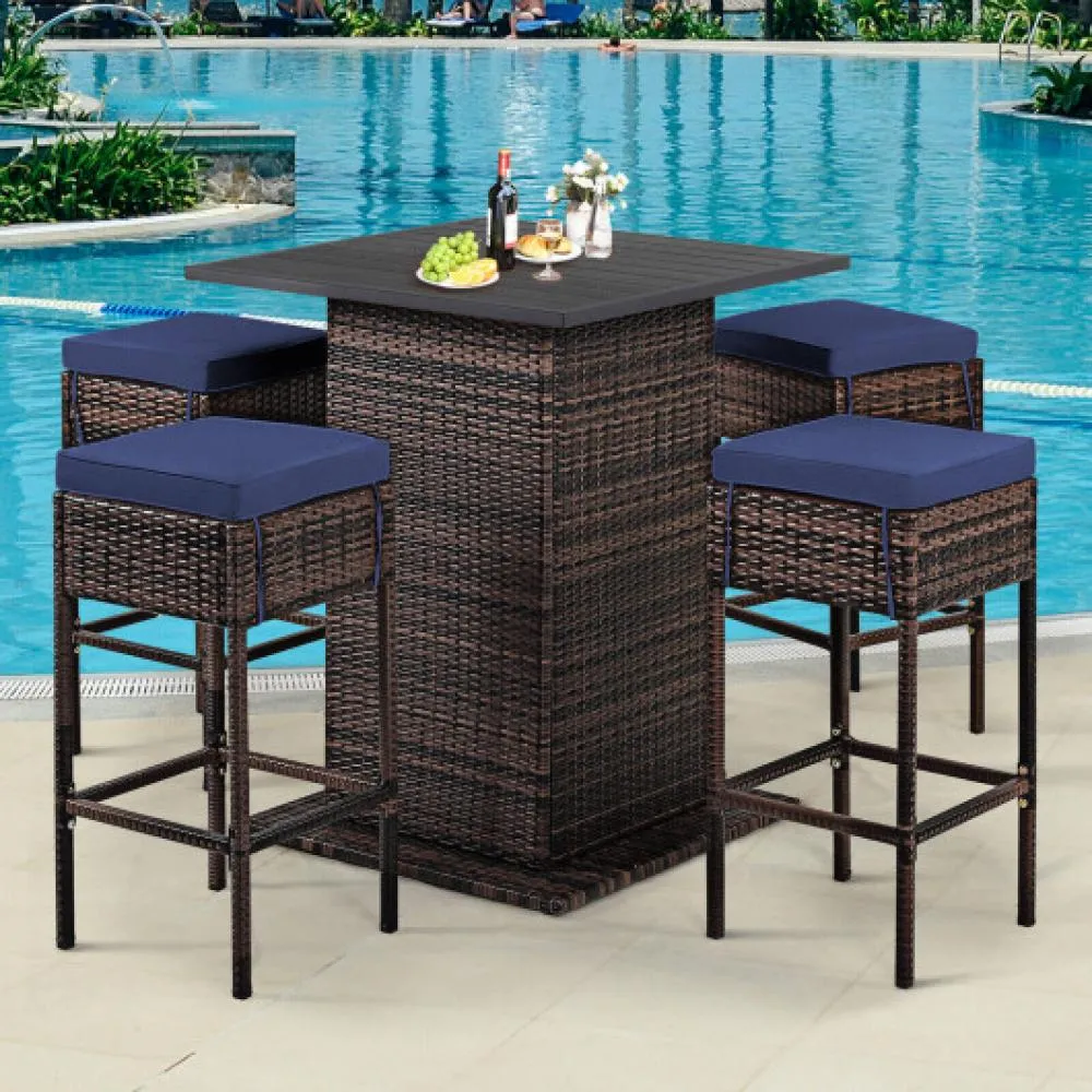 5 Pieces Patio Rattan Bar Table Stool Set Hidden Storage Shelf Cushioned-Navy