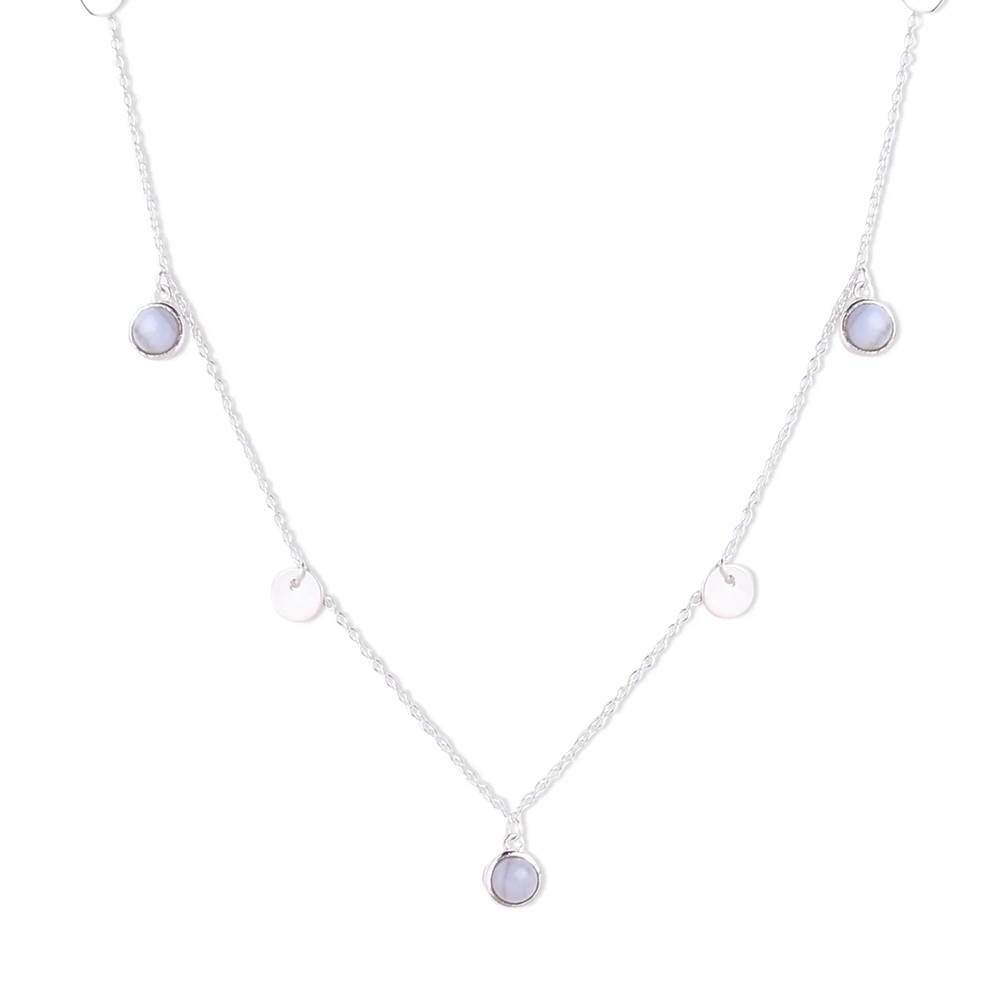 925 Pure Sterling Silver Blue Agate Station Necklace For Women