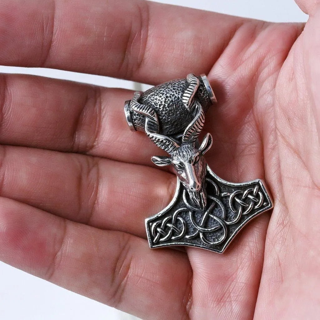 925 Sterling Silver Mjolnir & Goat Head Pendant