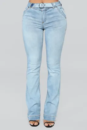 A Game Belted Flare Jeans - Medium Blue Wash