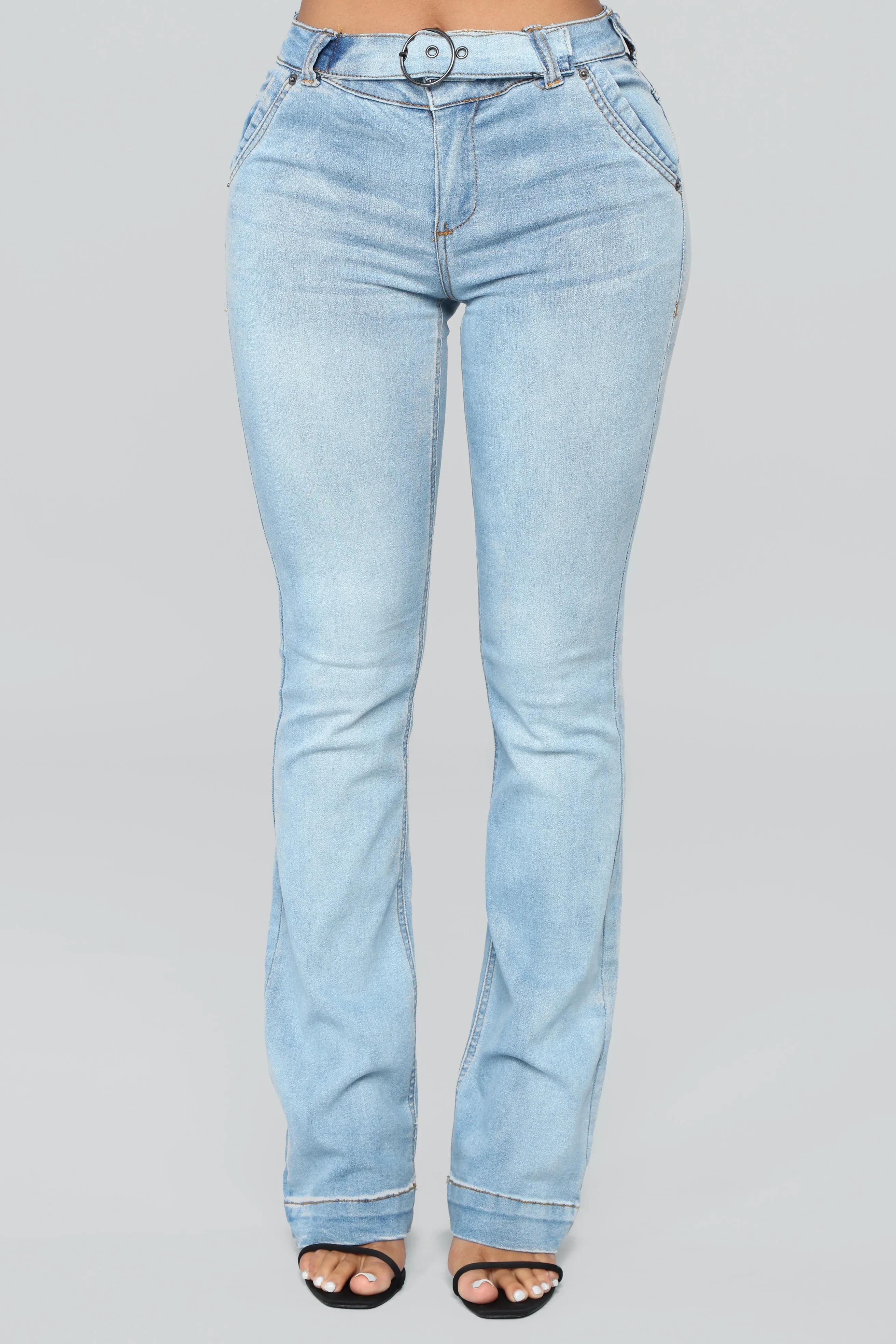 A Game Belted Flare Jeans - Medium Blue Wash