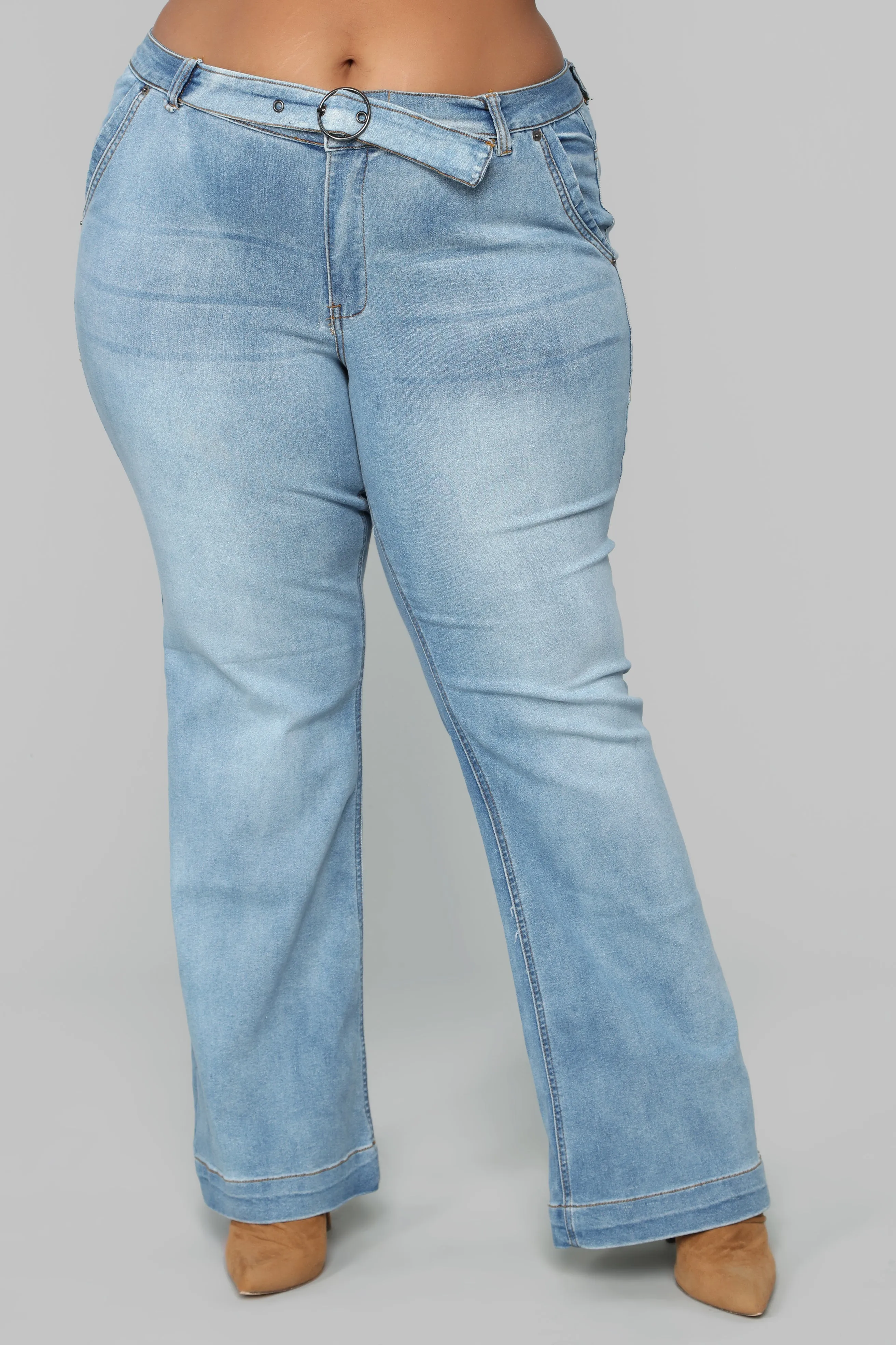 A Game Belted Flare Jeans - Medium Blue Wash