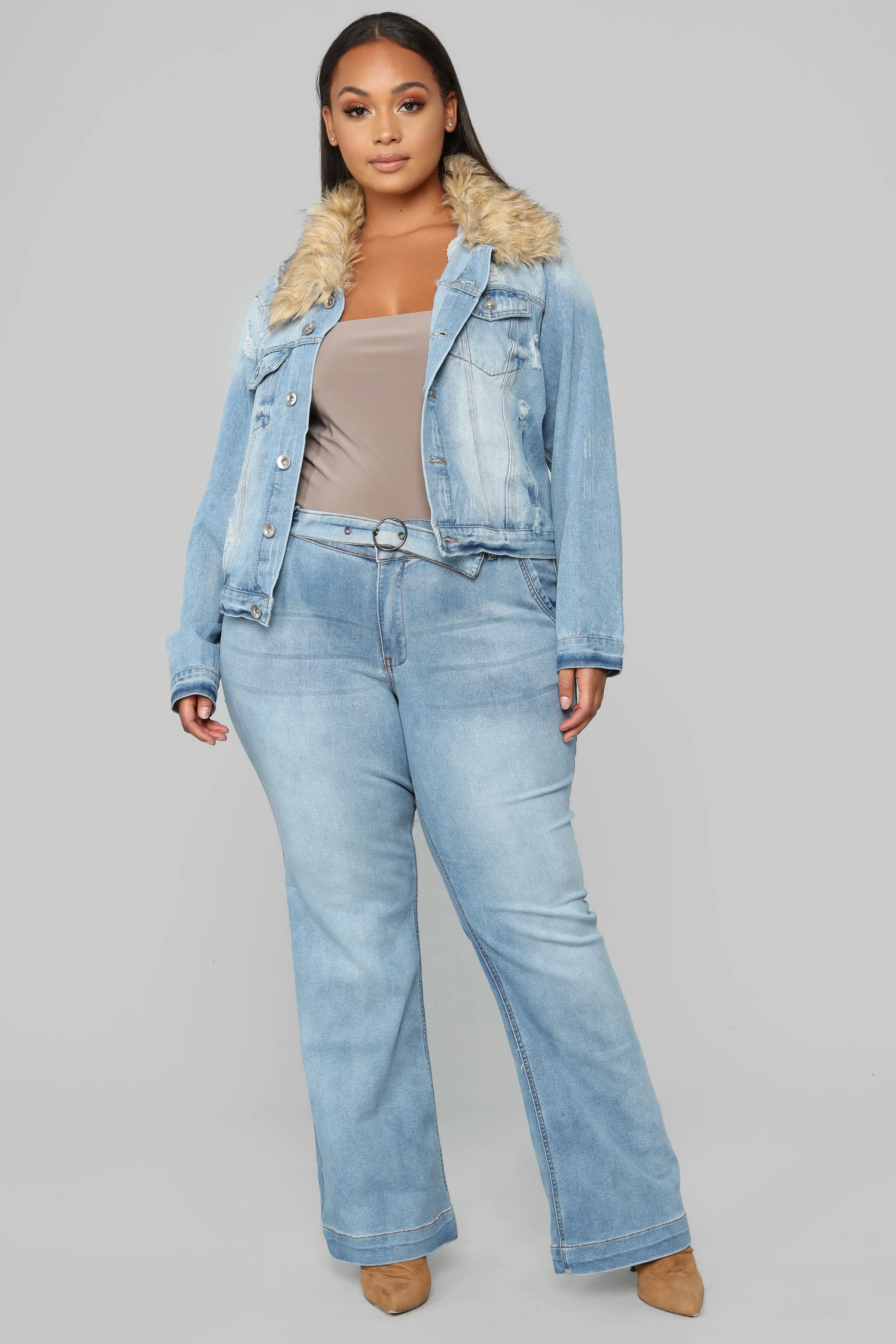 A Game Belted Flare Jeans - Medium Blue Wash