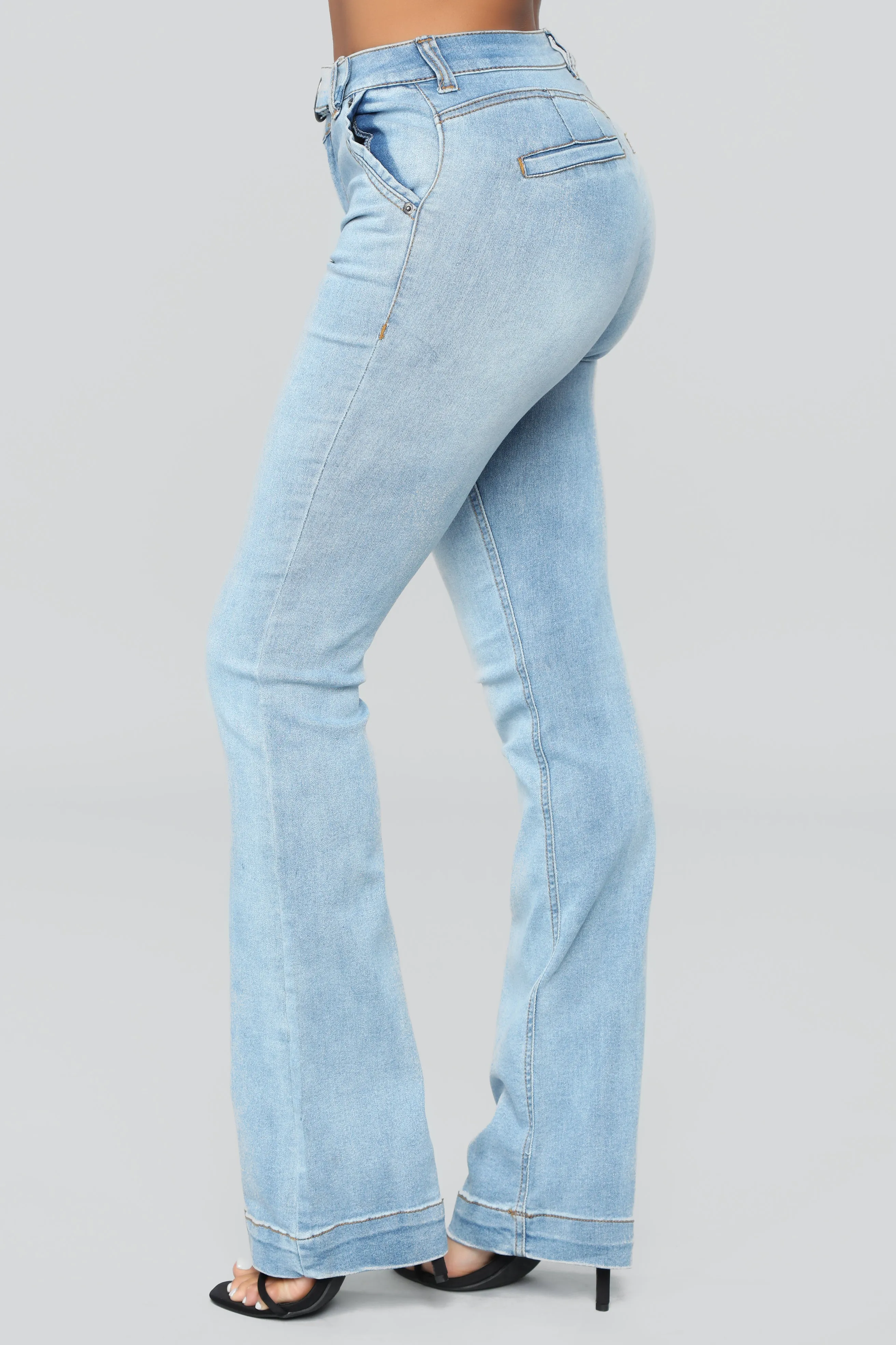 A Game Belted Flare Jeans - Medium Blue Wash