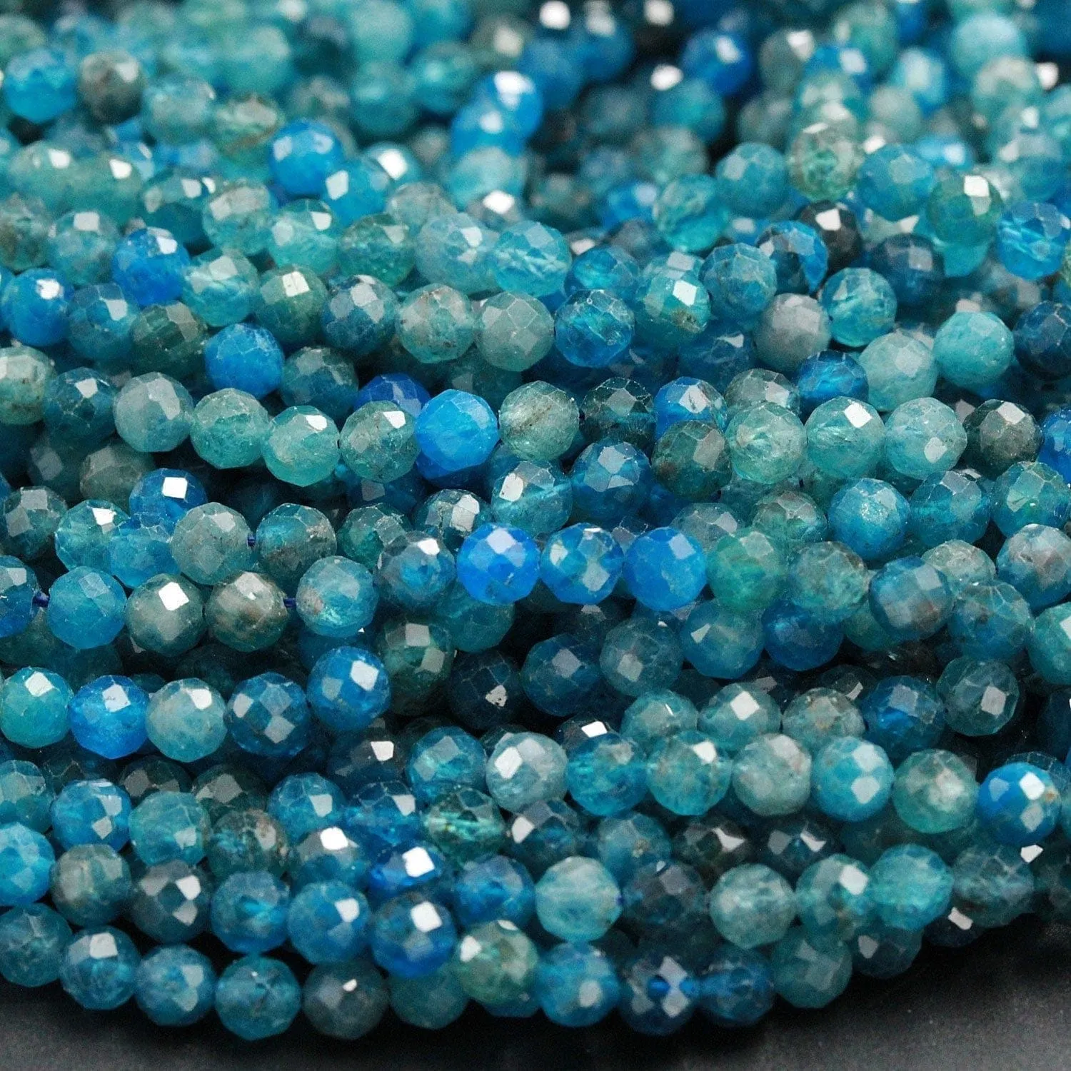 A Grade Micro Faceted Small Natural Blue Apatite Round Beads 4mm 5mm 6mm Laser Diamond Cut Teal Blue Green Gemstone 16" Strand