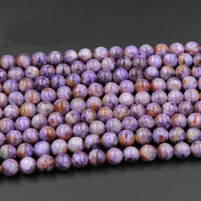 A Grade Natural Charoite Round Beads Purple Russian Charoite 6mm Round 8mm Round 10mm 12mm 14mm W Orange Garnet Matrix beads 16" Strand