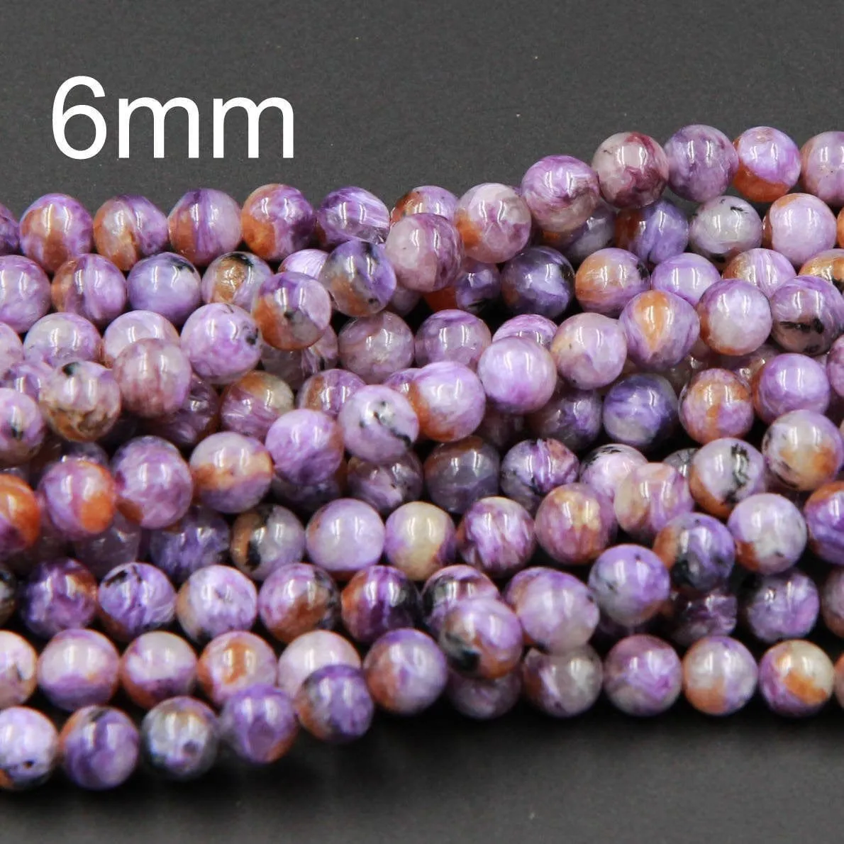 A Grade Natural Charoite Round Beads Purple Russian Charoite 6mm Round 8mm Round 10mm 12mm 14mm W Orange Garnet Matrix beads 16" Strand