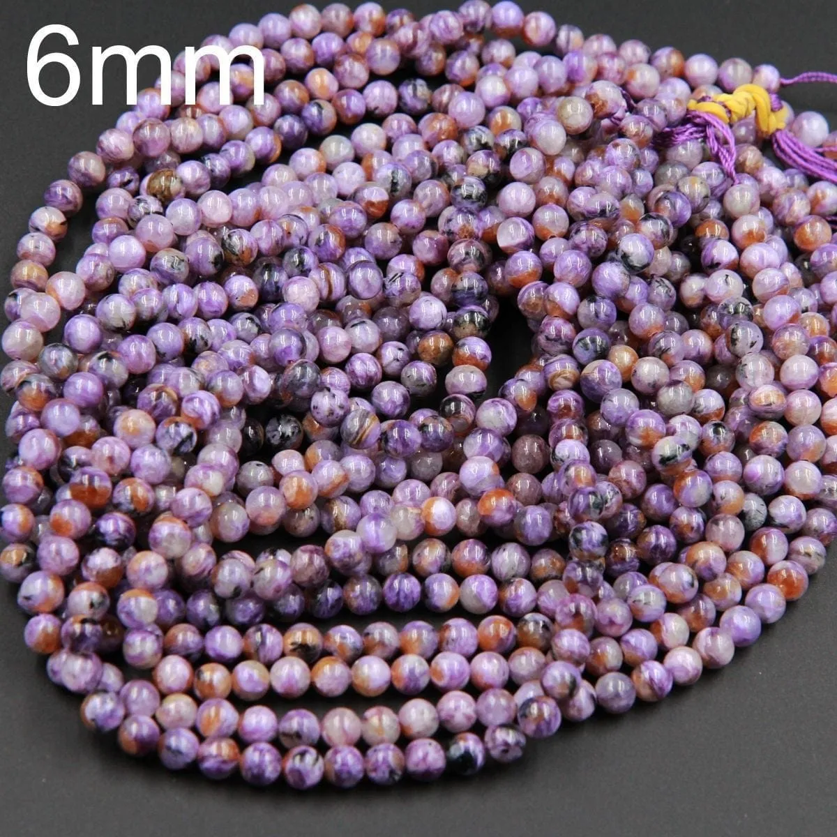 A Grade Natural Charoite Round Beads Purple Russian Charoite 6mm Round 8mm Round 10mm 12mm 14mm W Orange Garnet Matrix beads 16" Strand