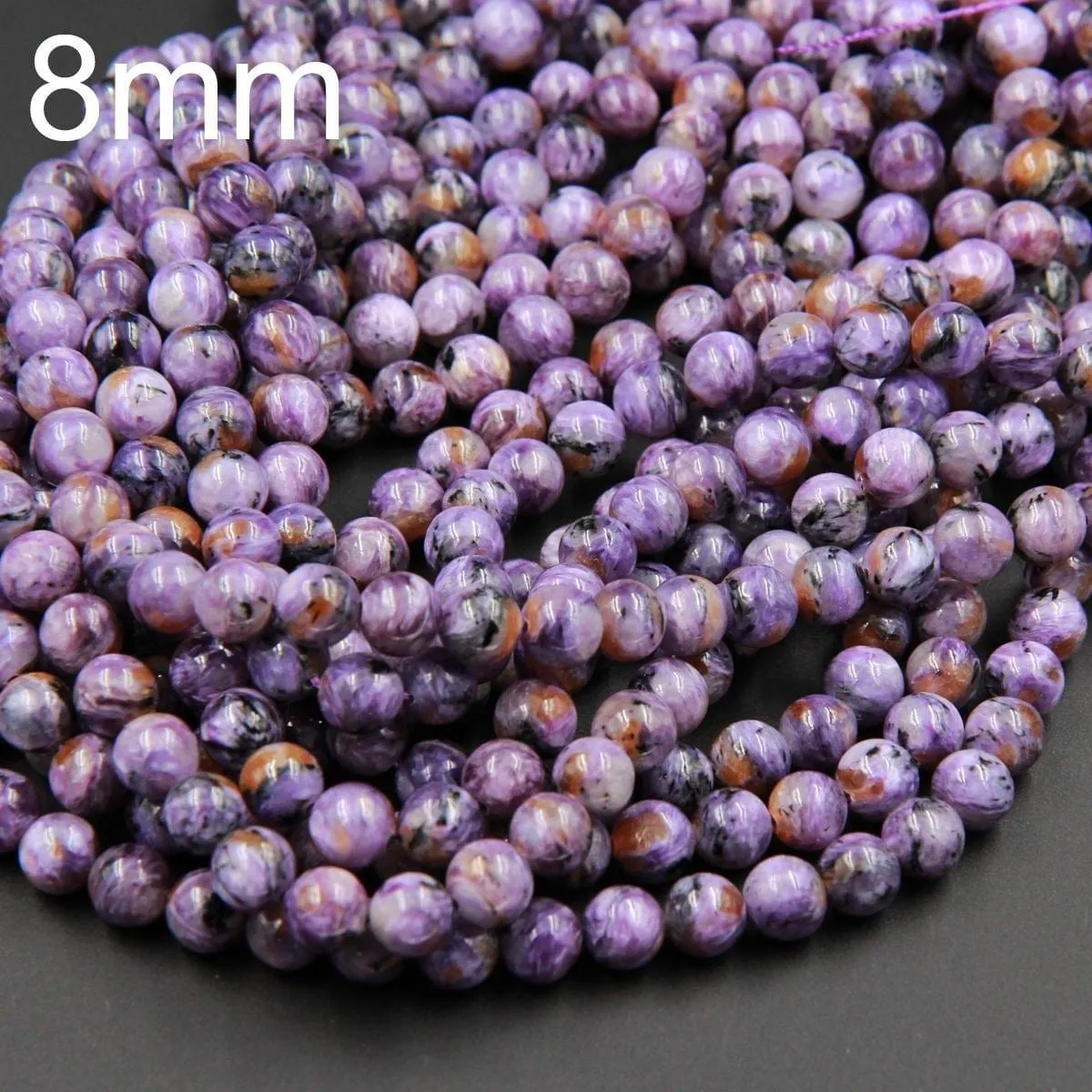 A Grade Natural Charoite Round Beads Purple Russian Charoite 6mm Round 8mm Round 10mm 12mm 14mm W Orange Garnet Matrix beads 16" Strand