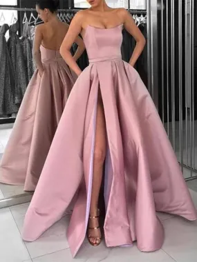 A Line Strapless Pink/Navy Blue/Burgundy Prom Dresses With High Leg Slit, High Split Strapless Formal Evening Graduation Dresses