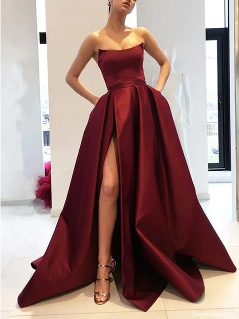 A Line Strapless Pink/Navy Blue/Burgundy Prom Dresses With High Leg Slit, High Split Strapless Formal Evening Graduation Dresses