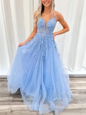 A Line V Neck Open Back Blue Lace Long Prom Dresses, V Neck Open Back Blue Lace Formal Evening Dresses