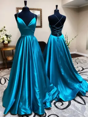 A Line V Neck Open Back Teal Satin Long Prom Dresses, Backless V Neck Blue Formal Evening Graduation Party Dresses