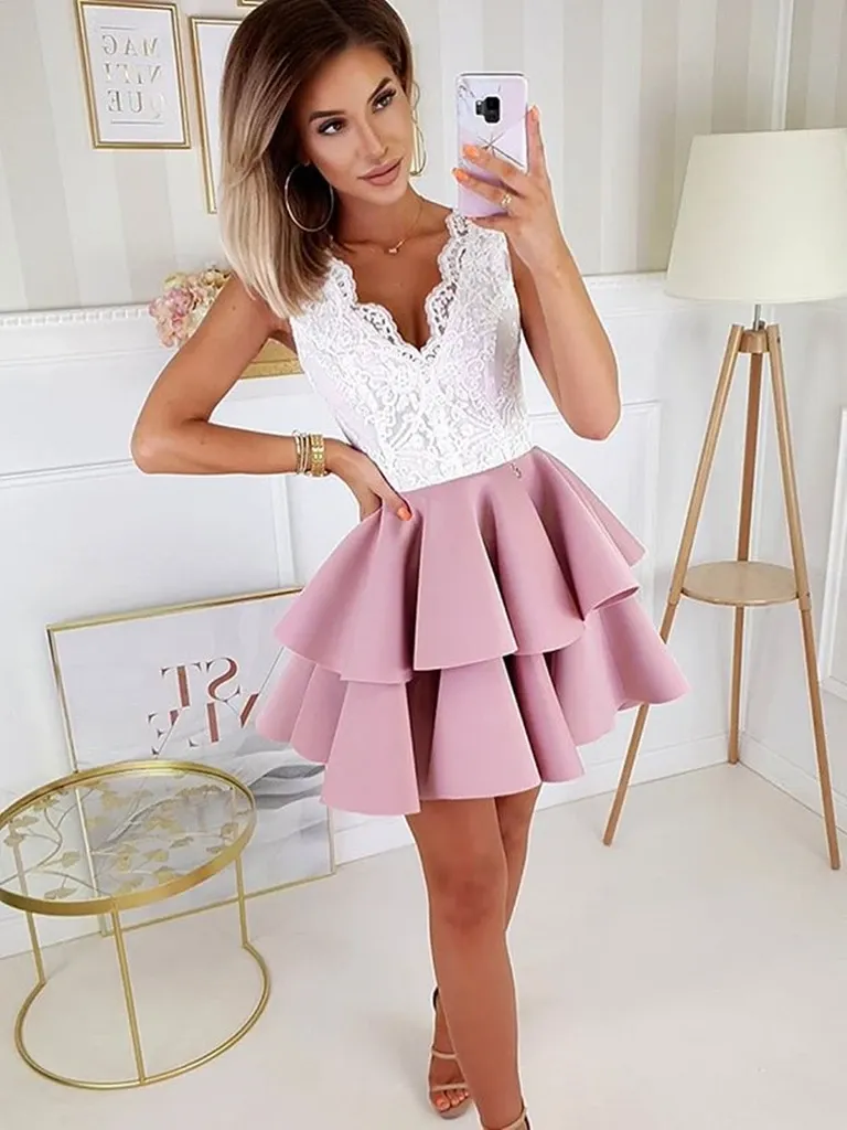 A Line V Neck Short  Prom Dresses with White Lace, Short Lace Formal Evening Homecoming Dresses