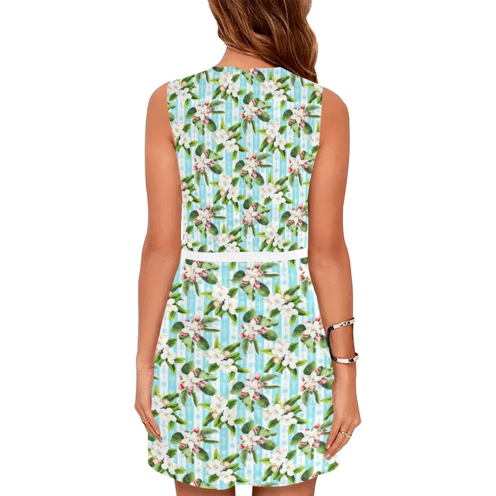 apple blossom print striped arrow Eos Women's Sleeveless Dress (Model D01)