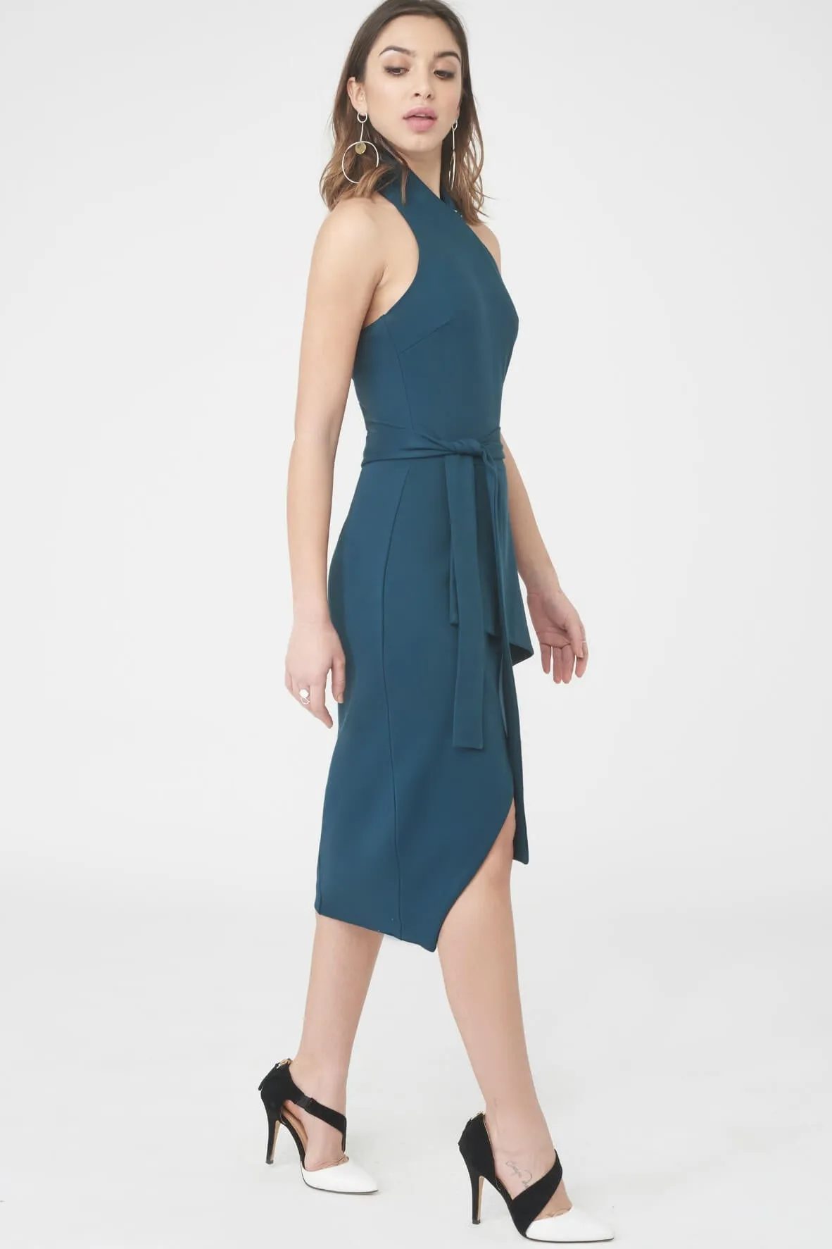 Asymmetric Tie Waist Midi Dress