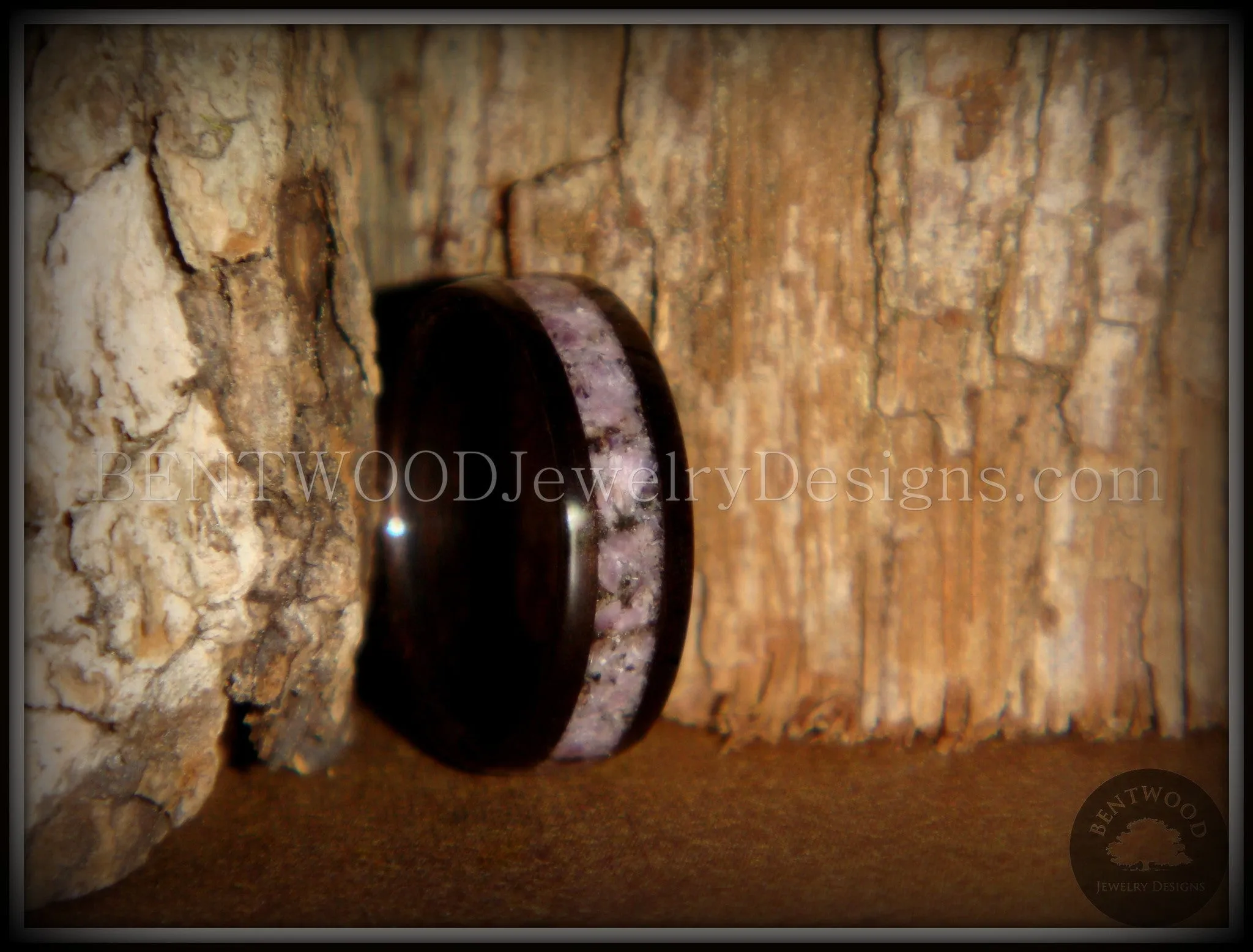 Bentwood Ring - Macassar Ebony Wood Ring and Charoite Stone Inlay