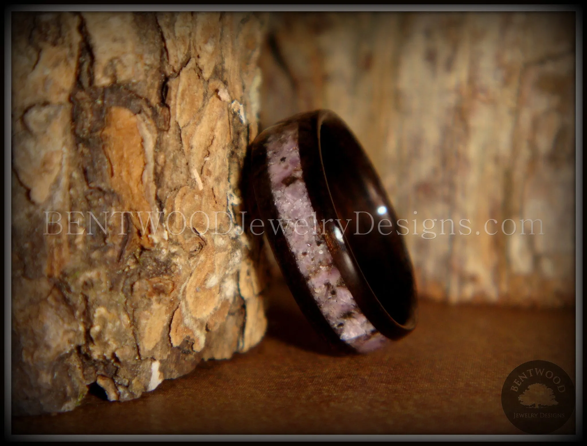 Bentwood Ring - Macassar Ebony Wood Ring and Charoite Stone Inlay