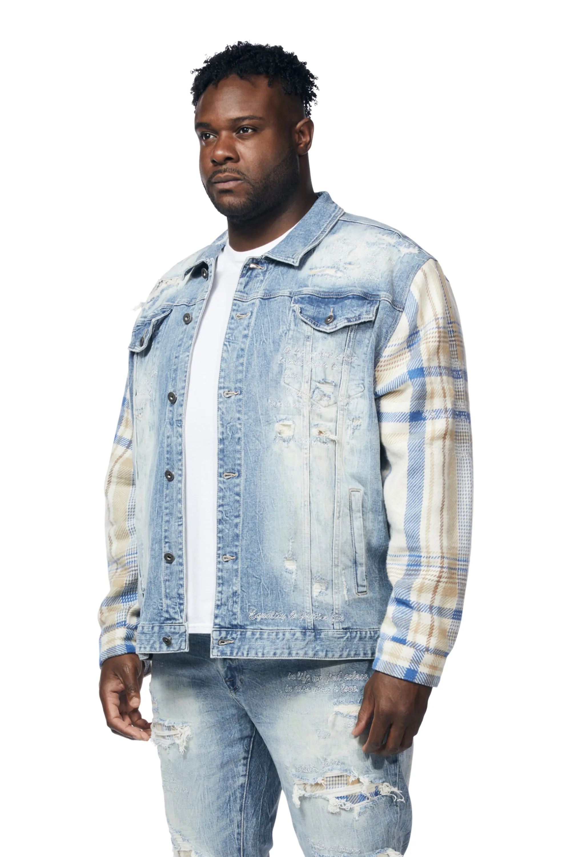 Big and Tall Embroidered Plaid Backed Denim Jacket - Lowell Blue