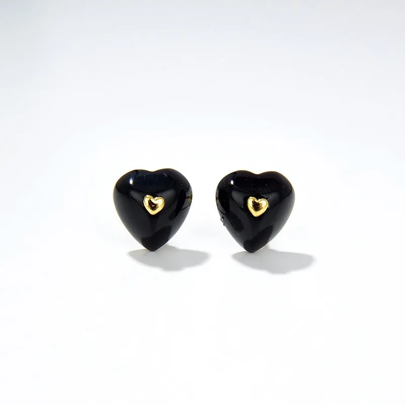 Black Agate Heart Pendant Necklace and Earrings (Purchase Individually)