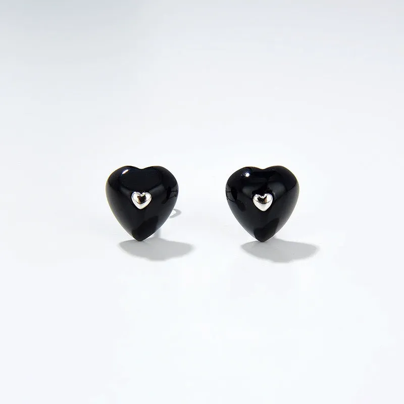 Black Agate Heart Pendant Necklace and Earrings (Purchase Individually)