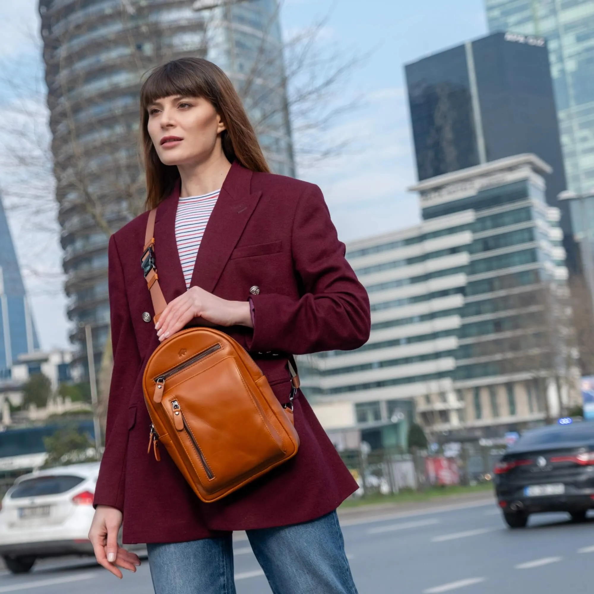 Blake Crossbody Leather Bag, Burnished Tan