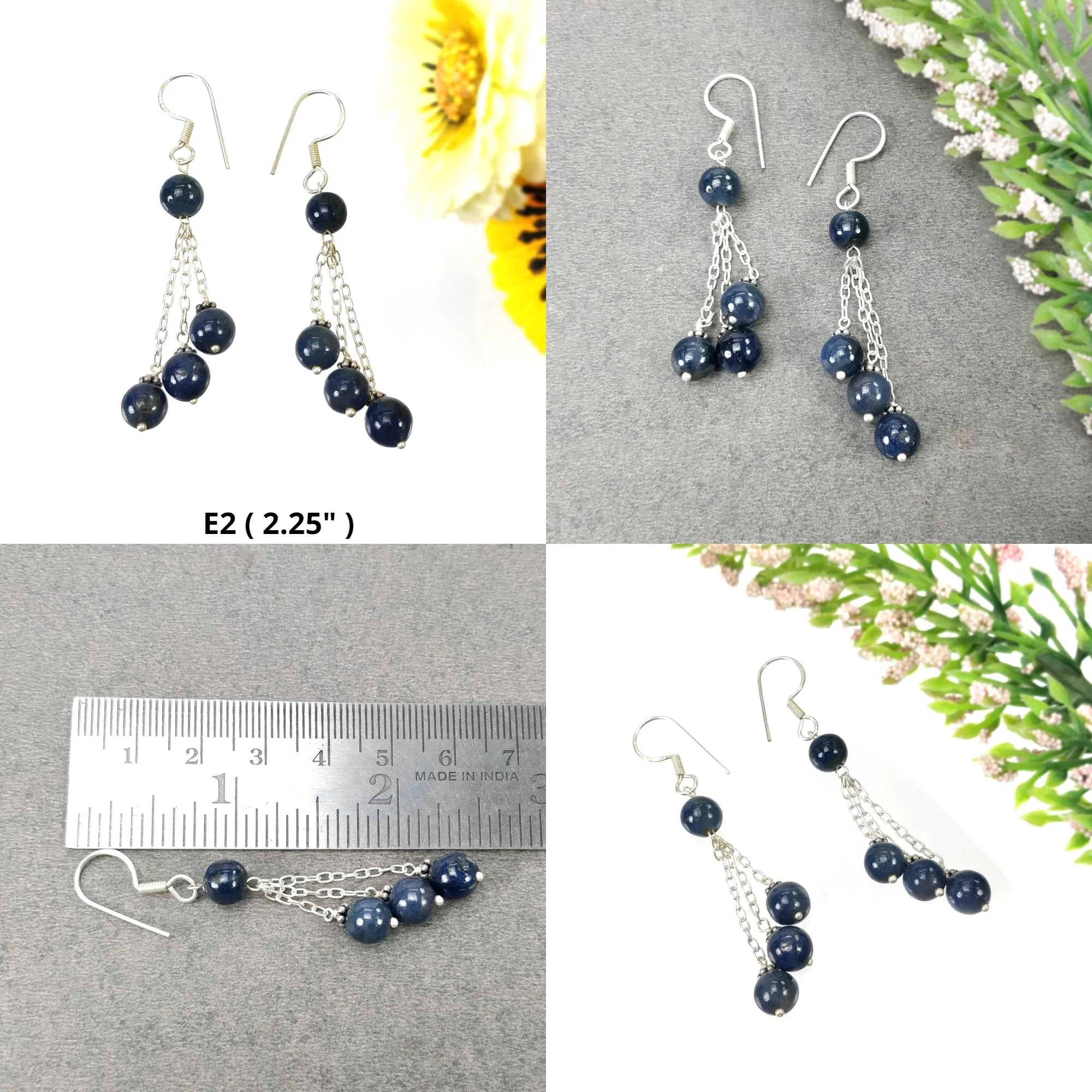 Blue SAPPHIRE & Pearl Gemstone 925 Sterling Silver Beaded Earrings : Natural Untreated Long Drop Dangle Ear Wire Hook Earrings