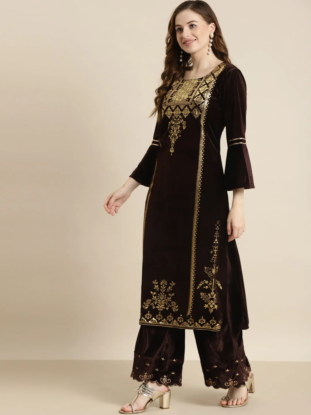 Brown Velvet Foil Print Flared Sleeve Kurta