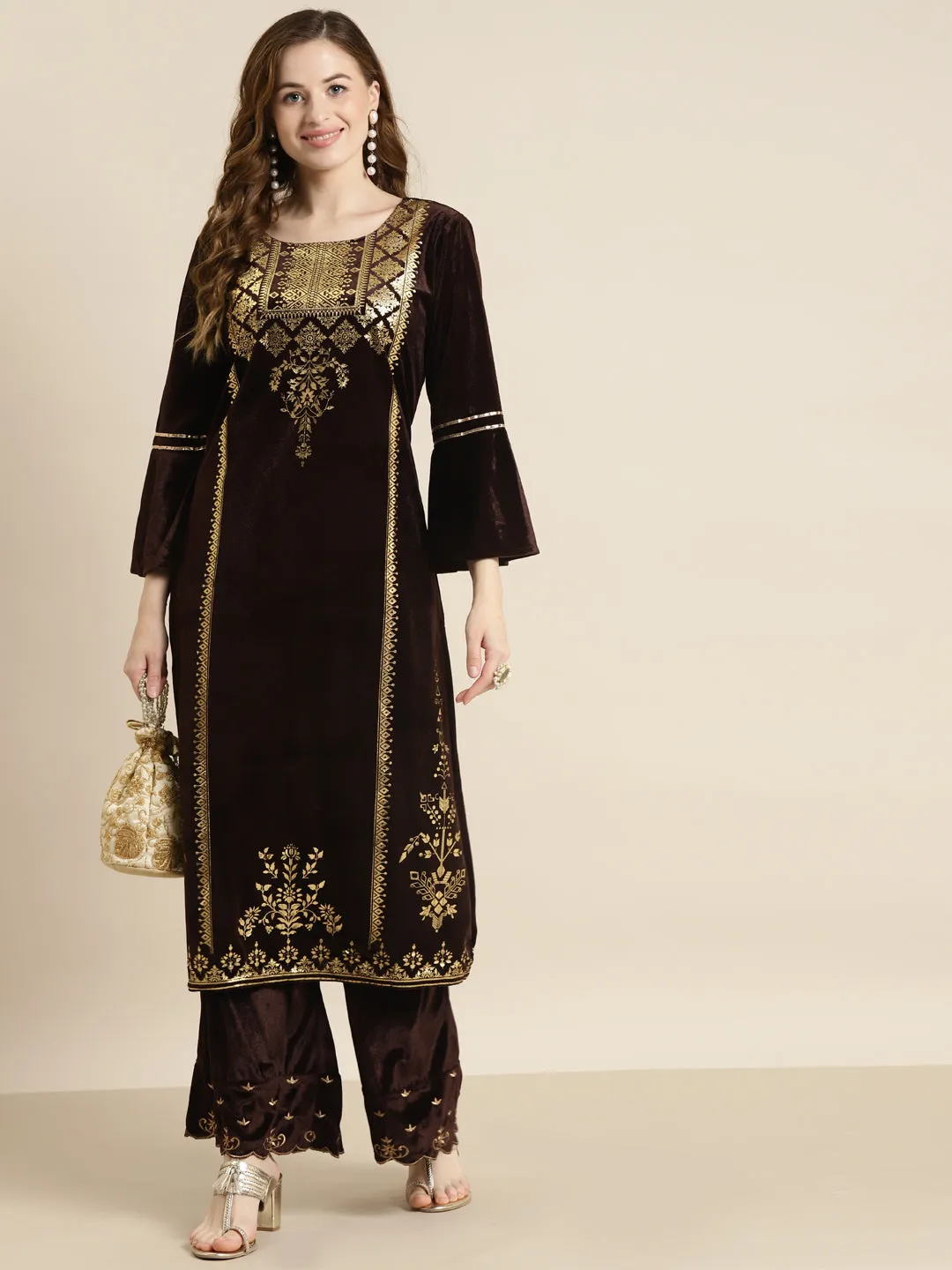 Brown Velvet Foil Print Flared Sleeve Kurta