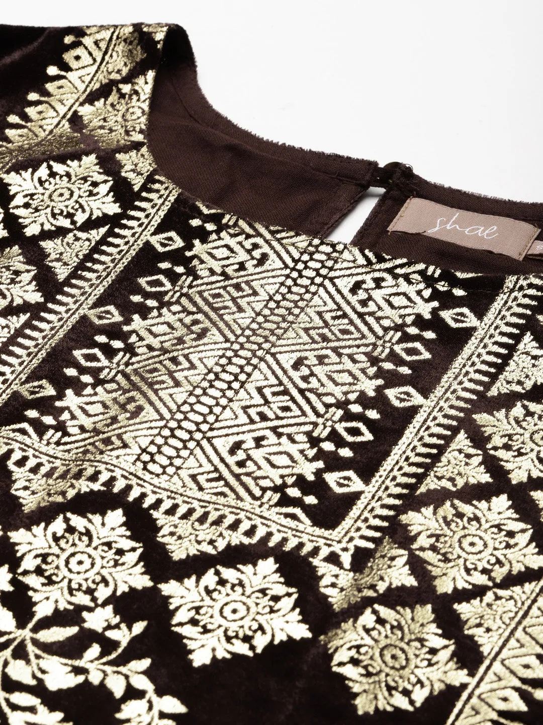 Brown Velvet Foil Print Flared Sleeve Kurta