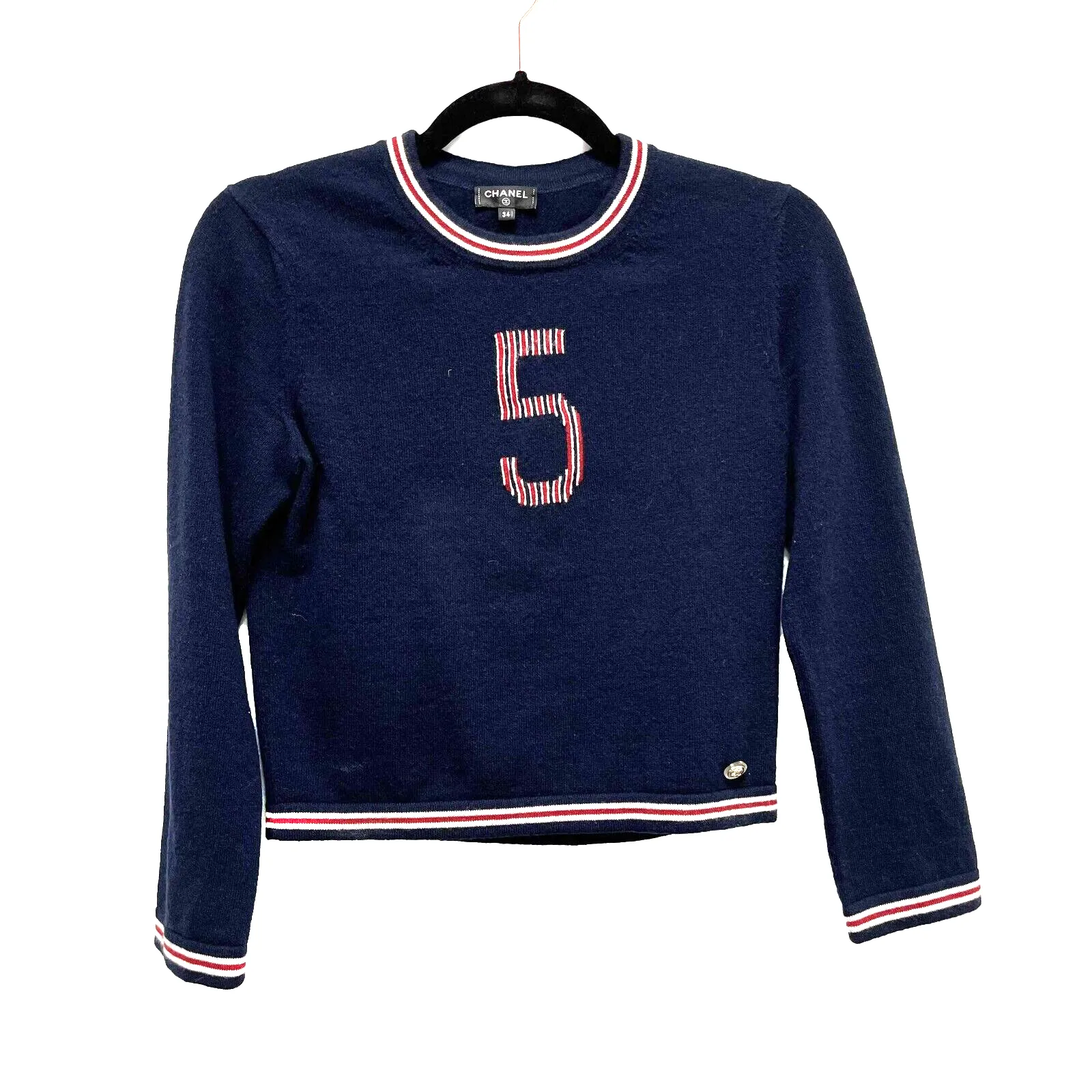 Chanel 19 No. 5 Logo Navy Blue Pullover Sweater 34 US 2