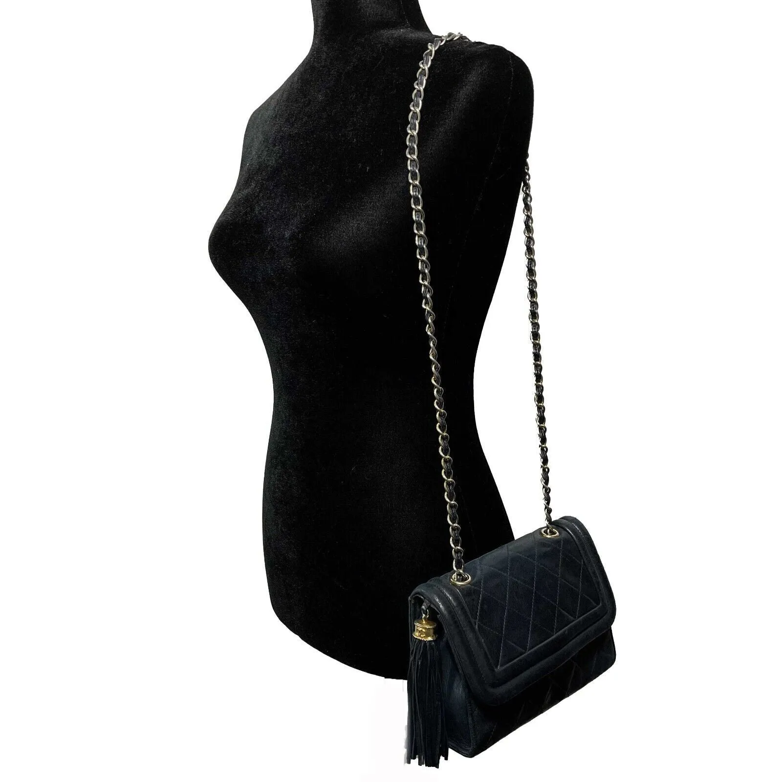 CHANEL - 1990s Diamond Quilted Navy CC Tassel Small Shoulder Bag / Crossbody