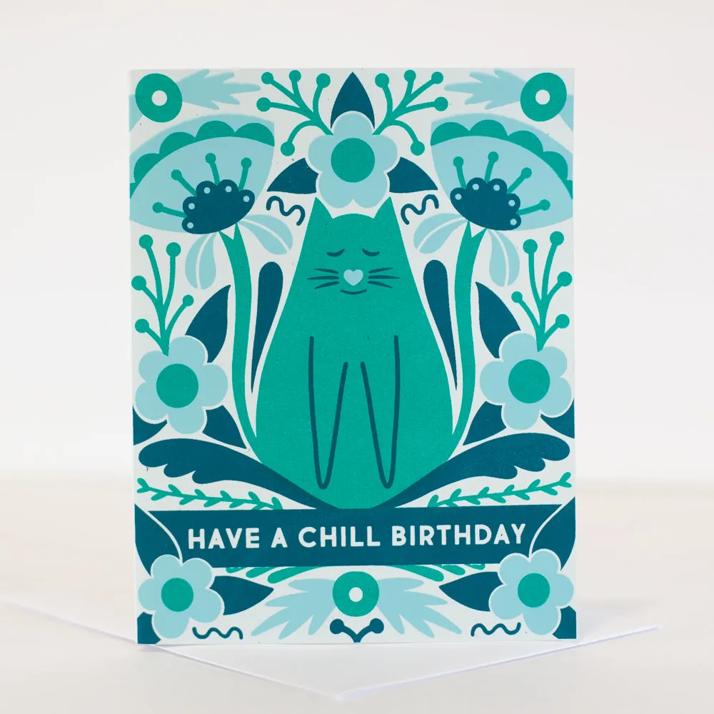 chill cat birthday card, cat birthday greeting card, have a chill birthday card, folk art cat card