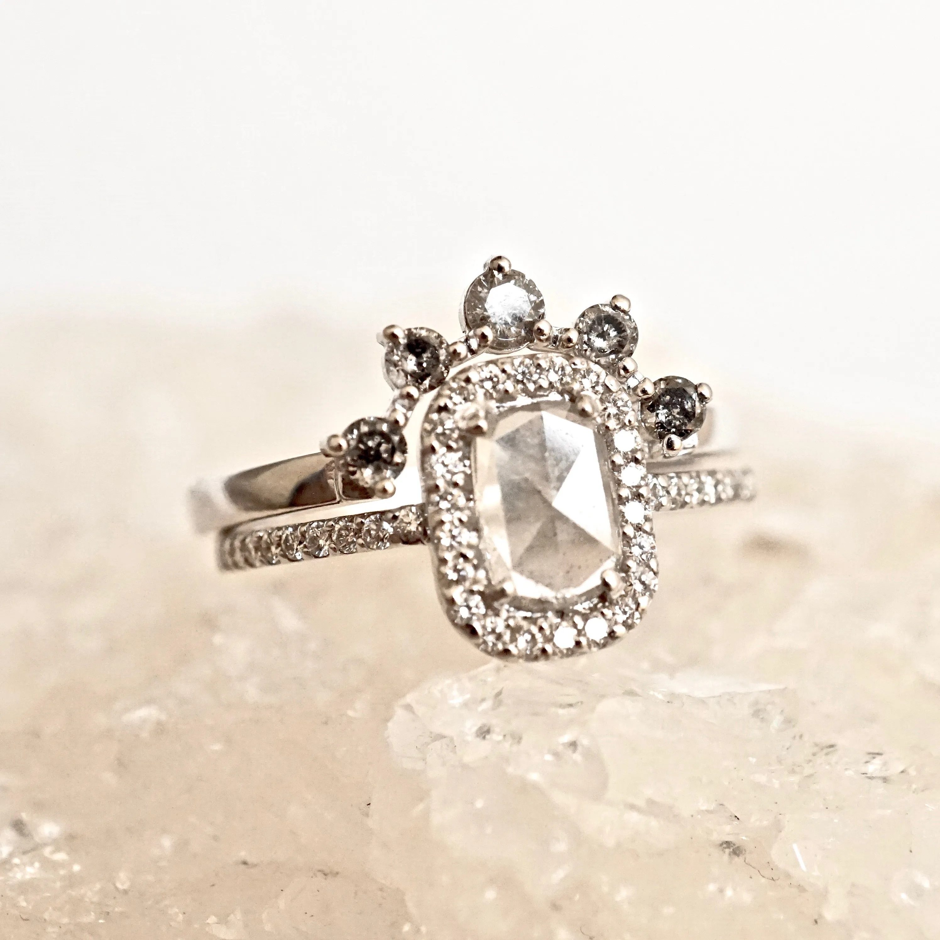 Clear White Diamond Rose Cut Diamond Engagement Ring - Dainty Diamond Halo Engagement Ring