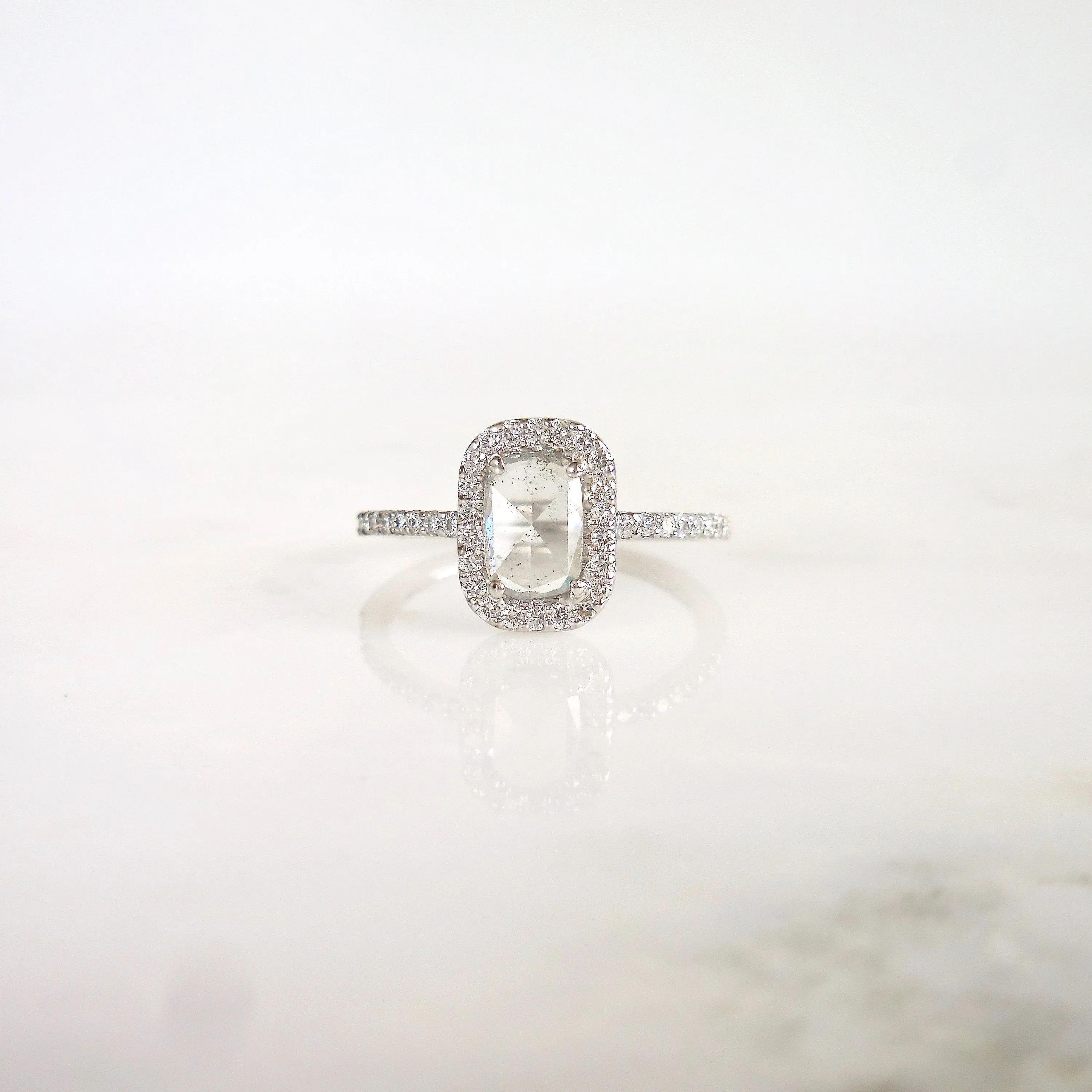 Clear White Diamond Rose Cut Diamond Engagement Ring - Dainty Diamond Halo Engagement Ring