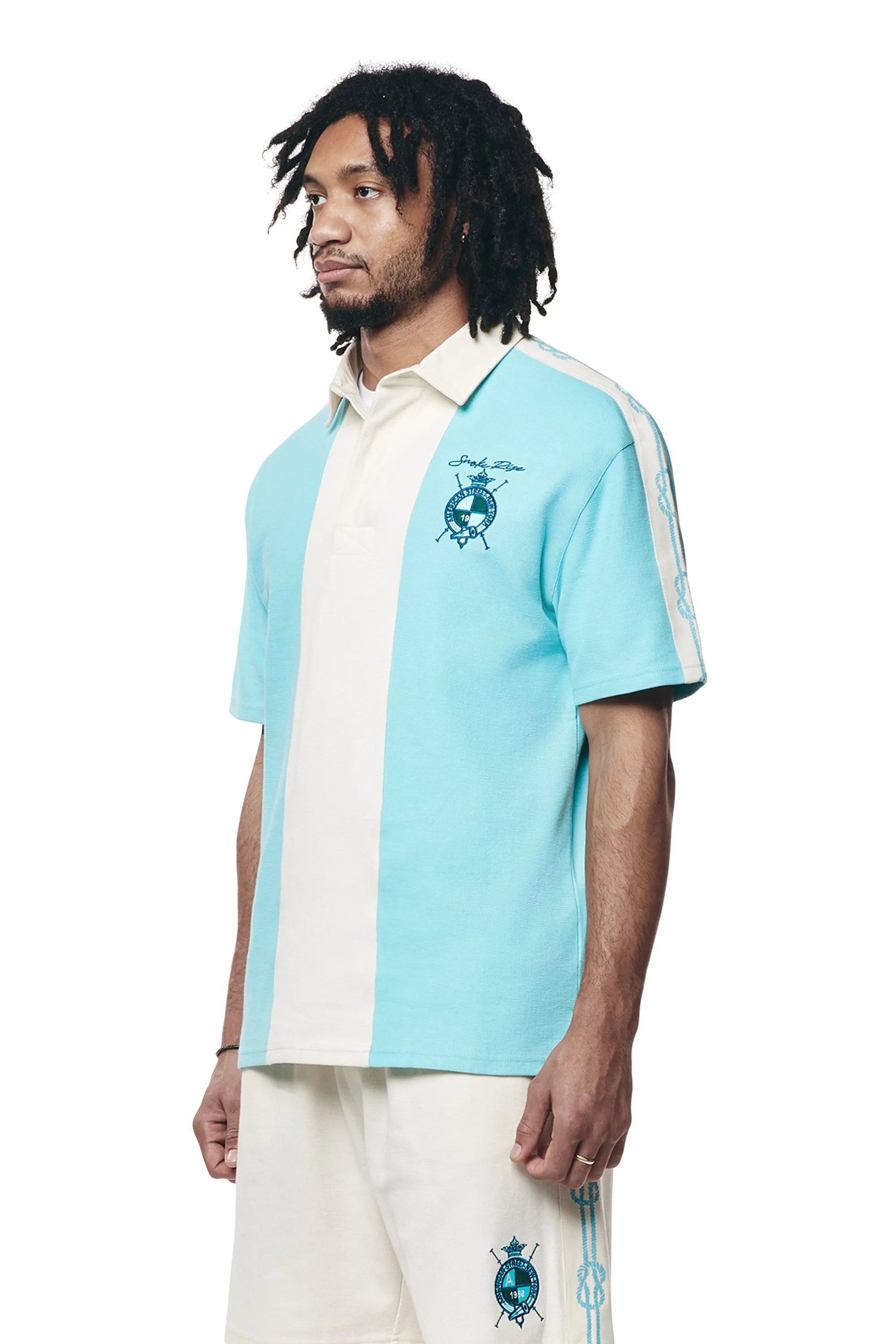 Crest Embroidered Striped Waffle Rugby Shirt - Paradise Blue