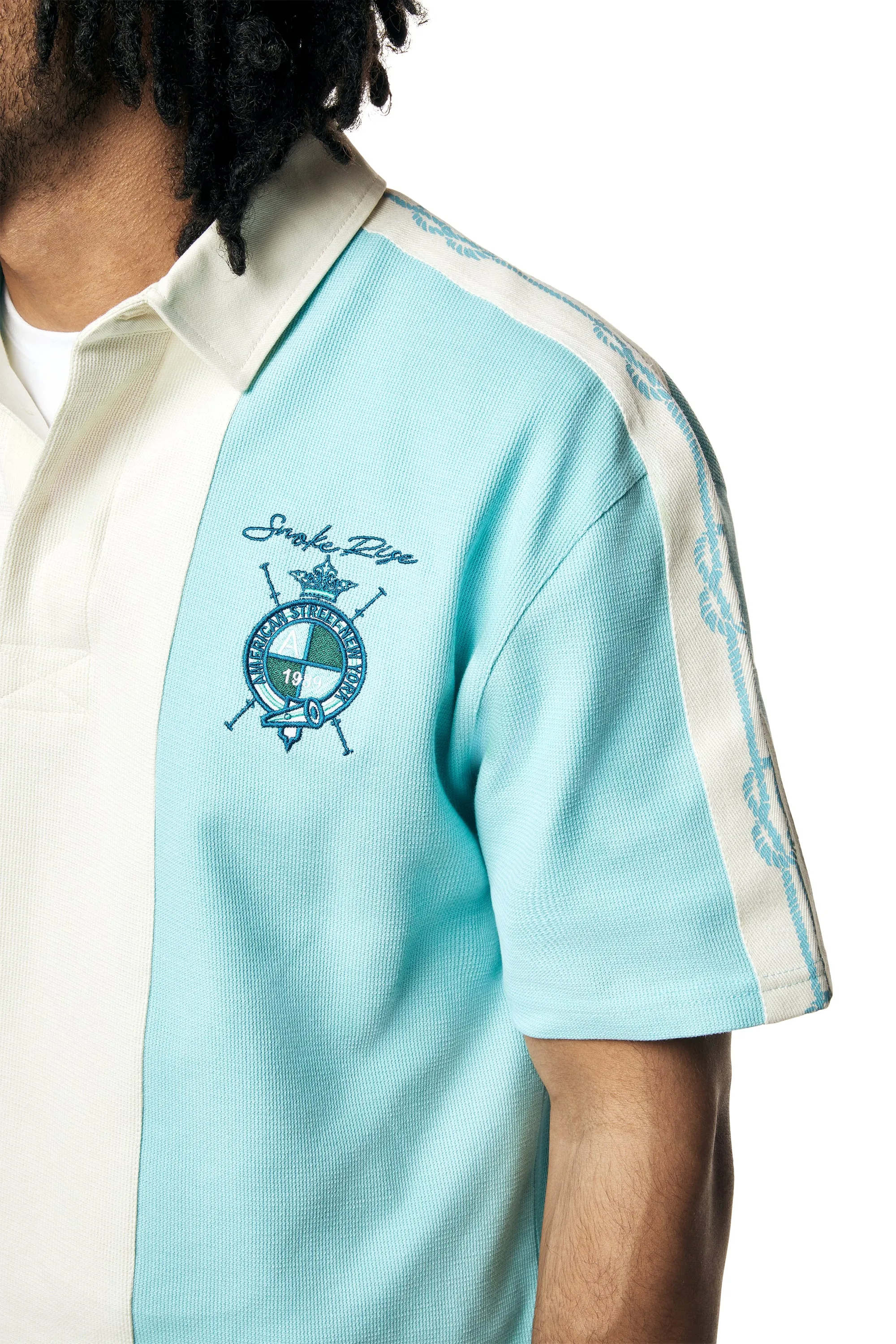 Crest Embroidered Striped Waffle Rugby Shirt - Paradise Blue