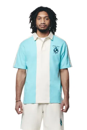 Crest Embroidered Striped Waffle Rugby Shirt - Paradise Blue