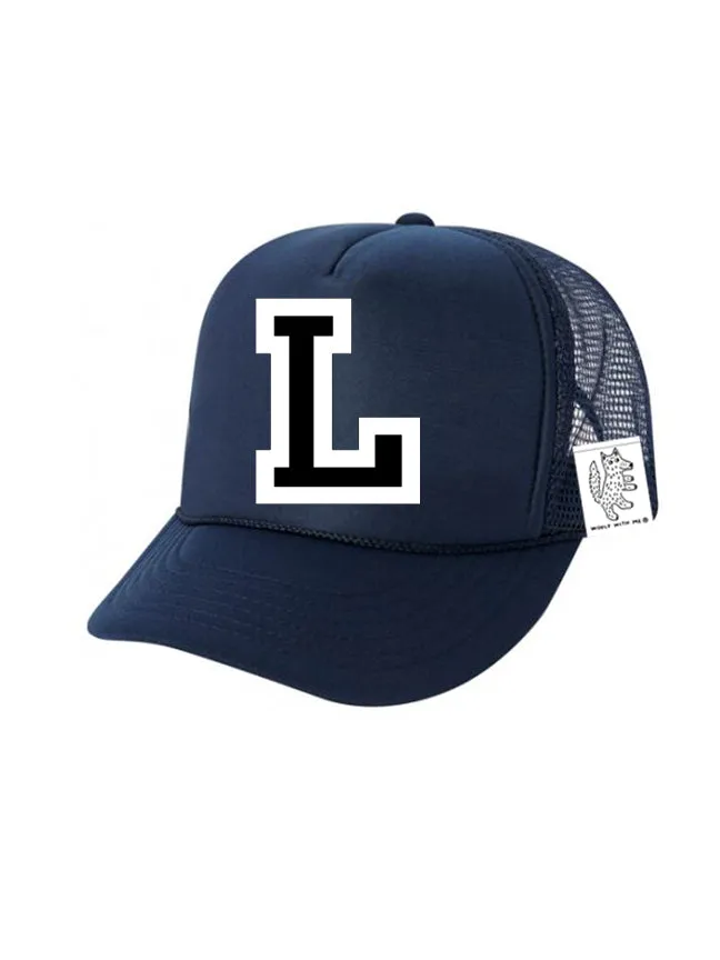 Custom Initial Letter (A-Z) Kids Trucker Hat (Navy)