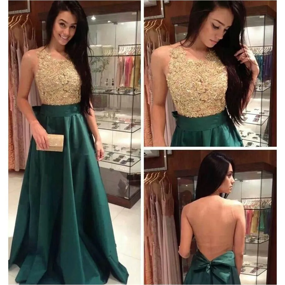 Custom Made A Line Round Neck Backless Green and Golden Long Prom Dress, Golden and Green Formal Dress