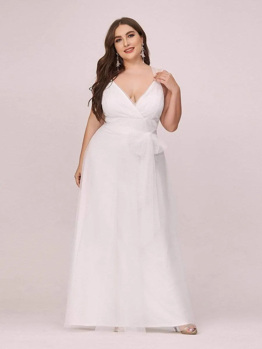 Deep V Neck Pleated Bodice Simple Tulle Wedding Dress