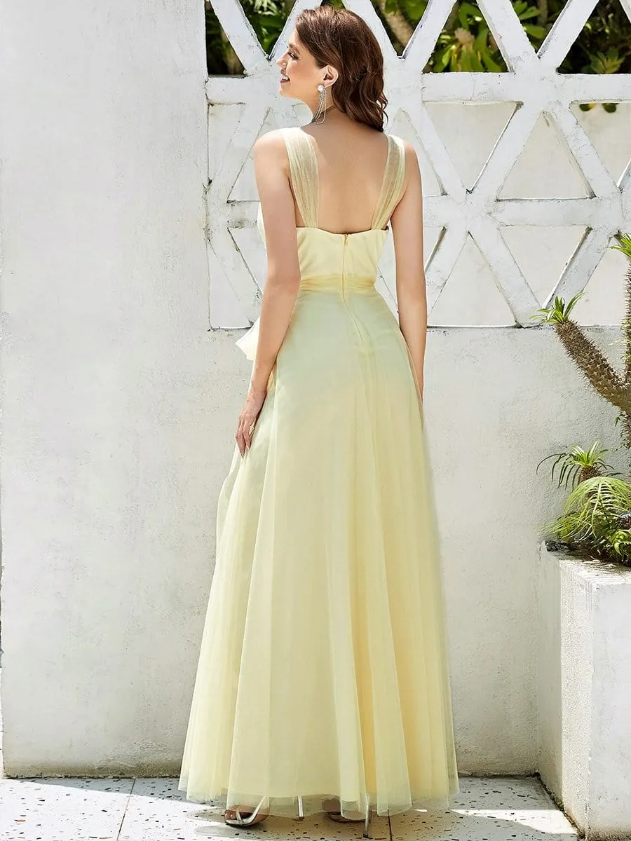 Deep V Neck Pleated Bodice Simple Tulle Wedding Dress