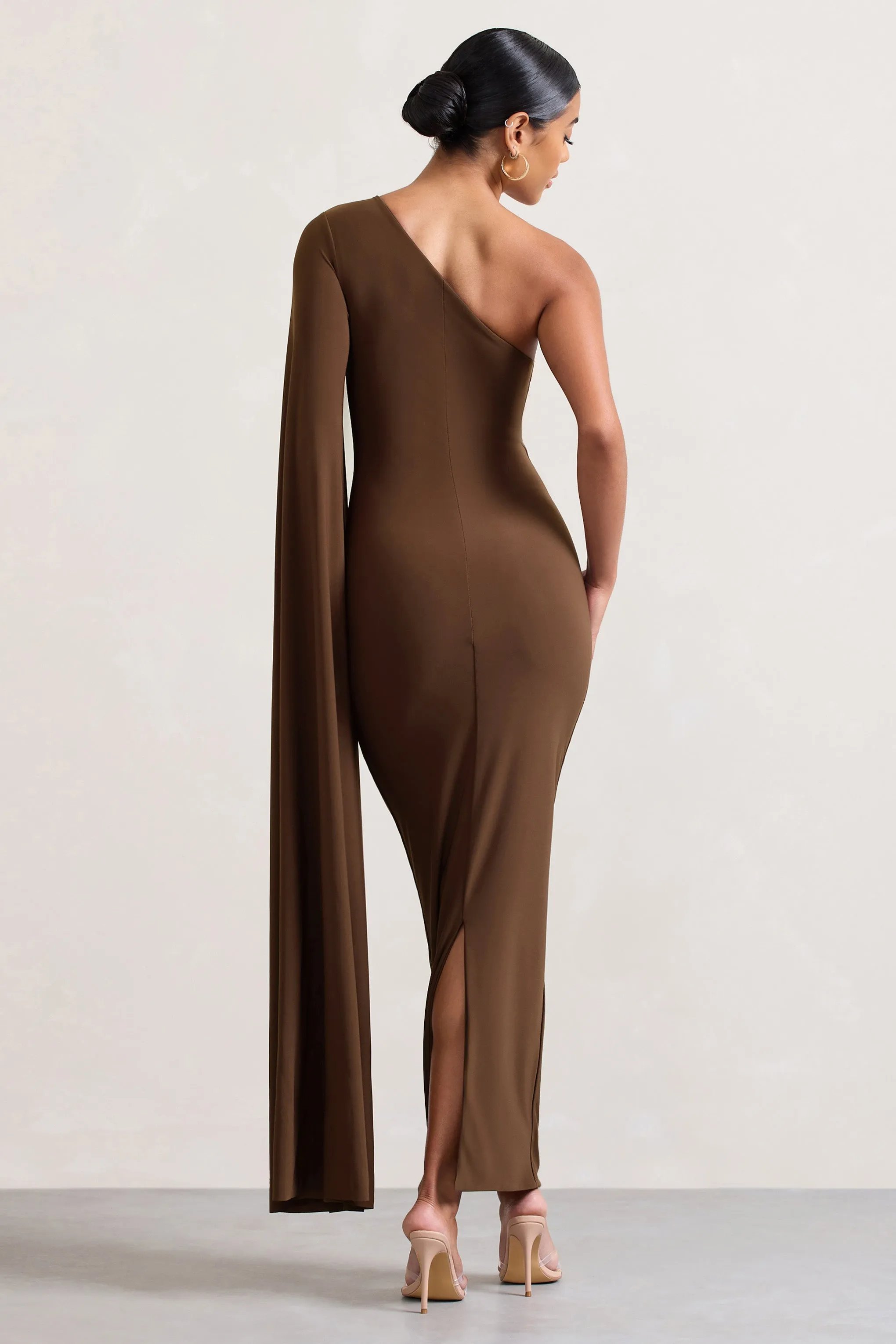 Dominique | Chocolate Brown One Shoulder Cape Sleeve Bodycon Maxi Dress