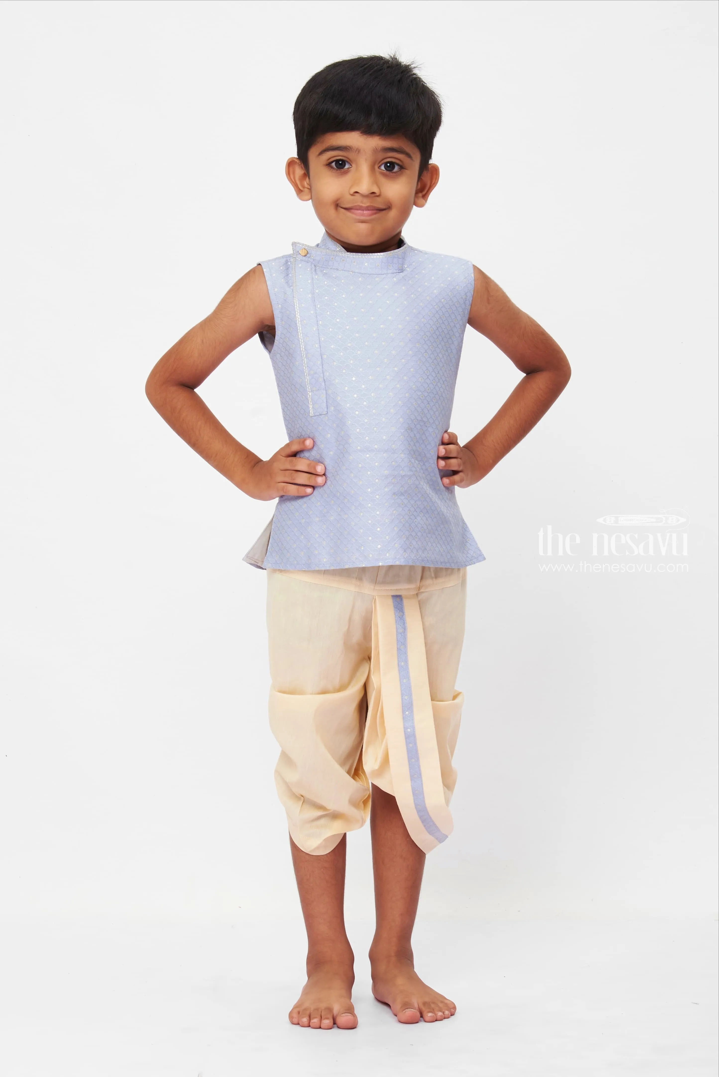 Elegant Blue Sleeveless Kurta & Cream Dhoti Set for Boys