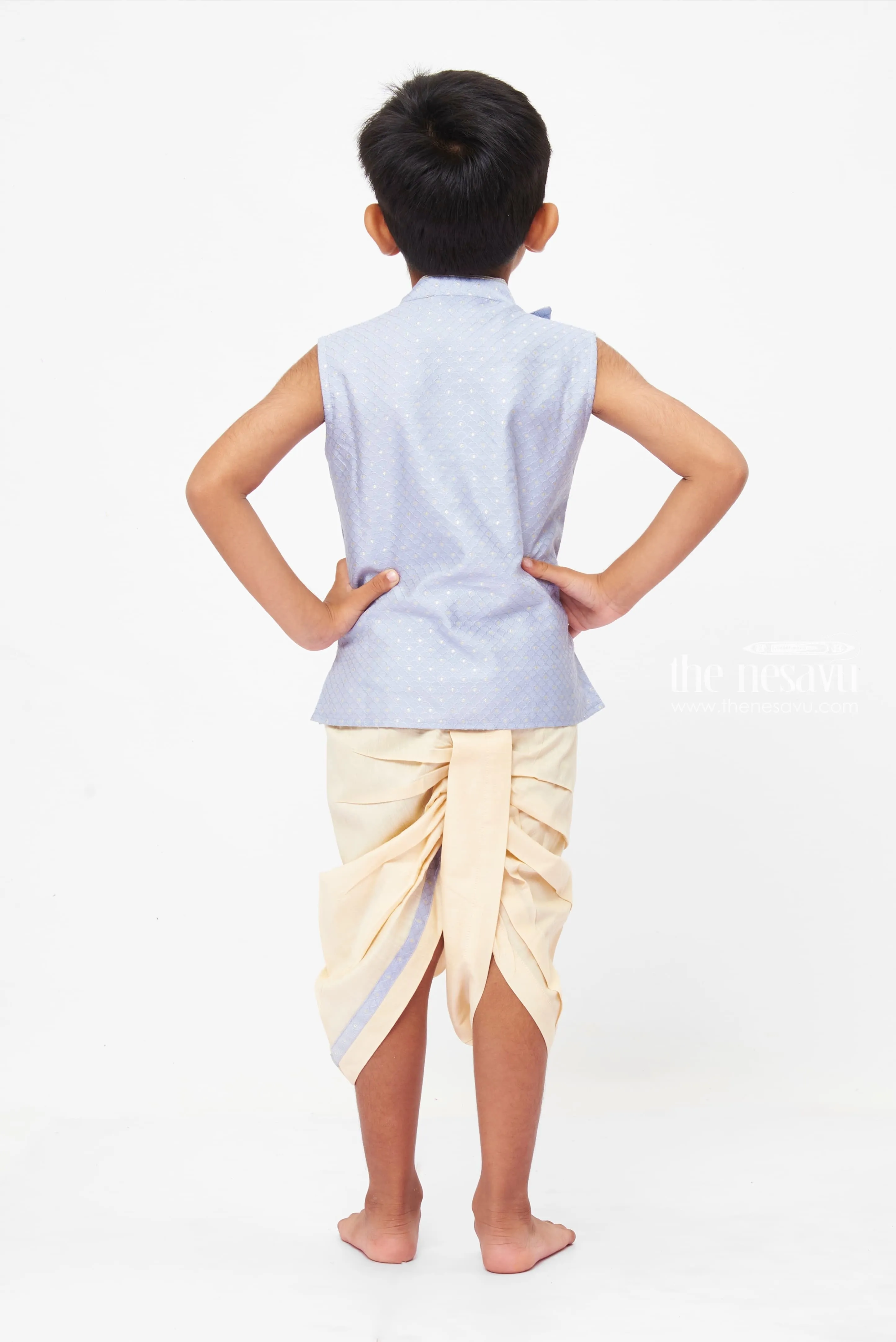 Elegant Blue Sleeveless Kurta & Cream Dhoti Set for Boys