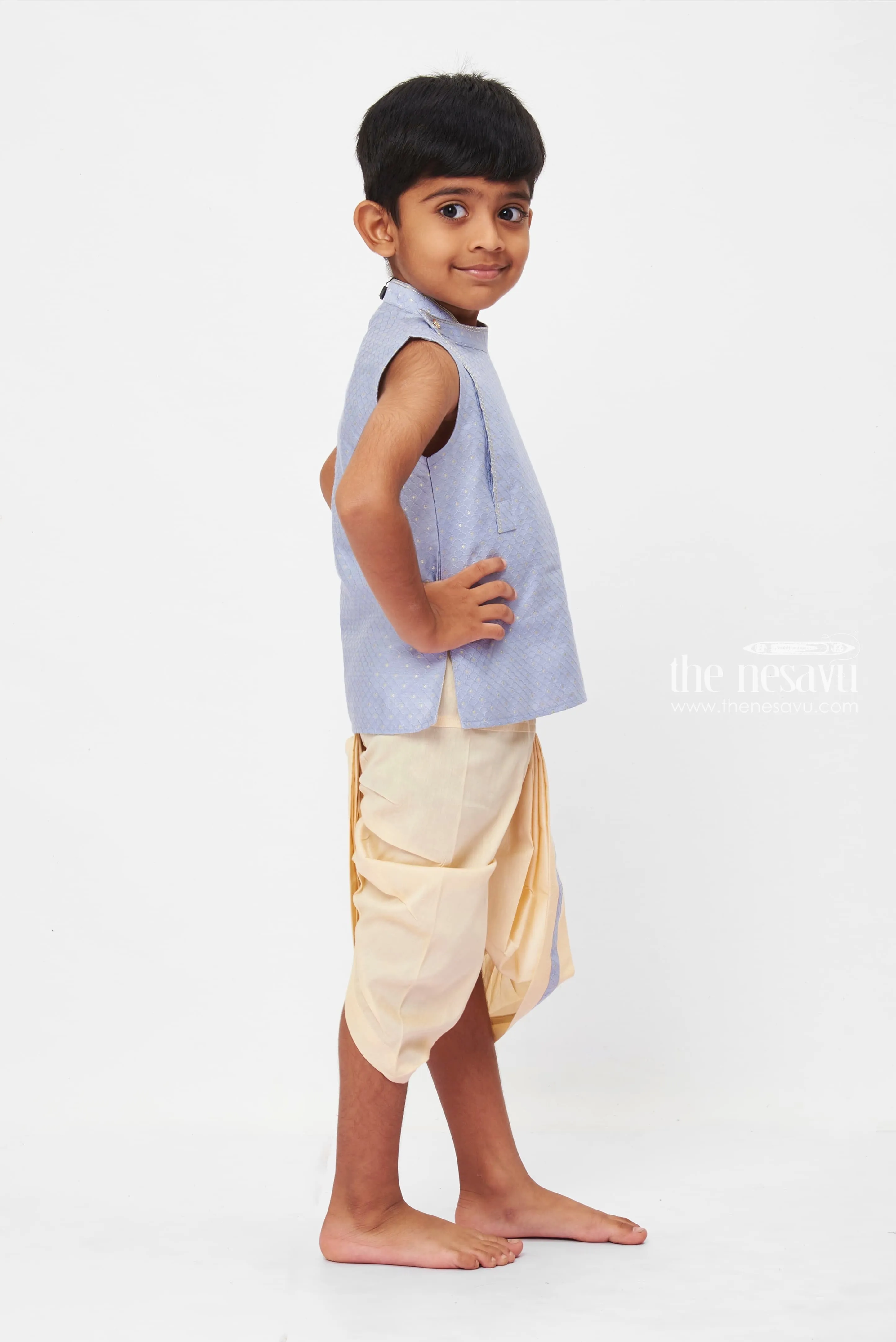 Elegant Blue Sleeveless Kurta & Cream Dhoti Set for Boys